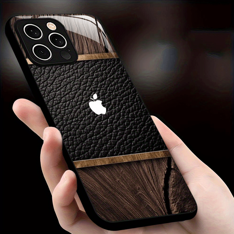 Coque iPhone Verre Trempé Logo Apple – Design Bois, Impression UV, Protection Objectif