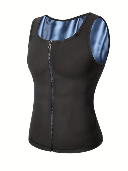 Fitness Boost, Men's Sauna Suit Vest with Zipper - Sleeveless, Slimming Body Shaper for Waist Training and Fitness, Breathable Polyester-Spandex Blend, Ideal for Sports & Outdoor Activities, Yoga Vest|Zipper Front Closure|Dur - Topdecheztop.fr