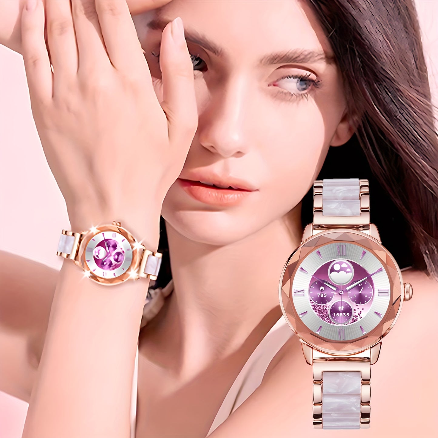 Montre Connectee Femme Elegante Bracelet Acier Inoxydable Ecran TFT 1.19 Bluetooth 5.3 - Suivi Cycle Sommeil Calories Podometre Compatible Android iPhone Rose Dore Argente