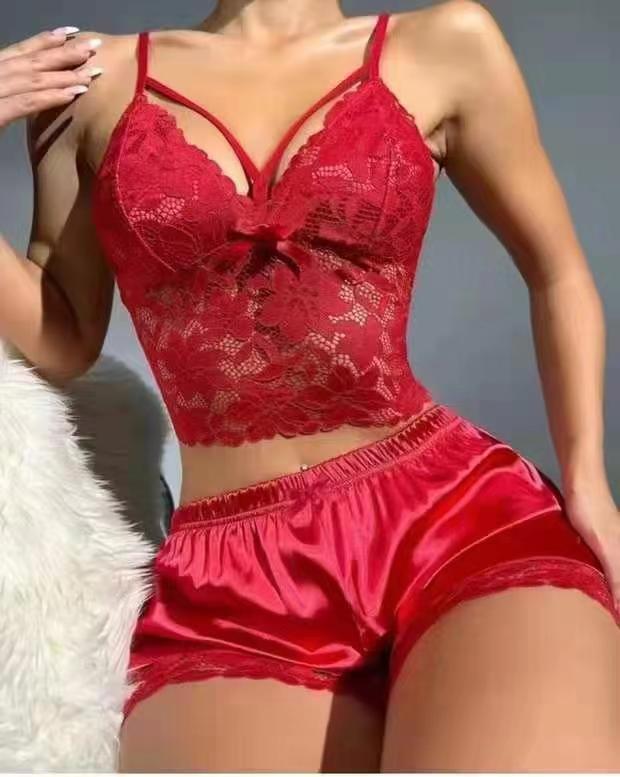Ensemble pyjama debardeur et short en dentelle femme - Maille polyester, 5 coloris, S a XXXL