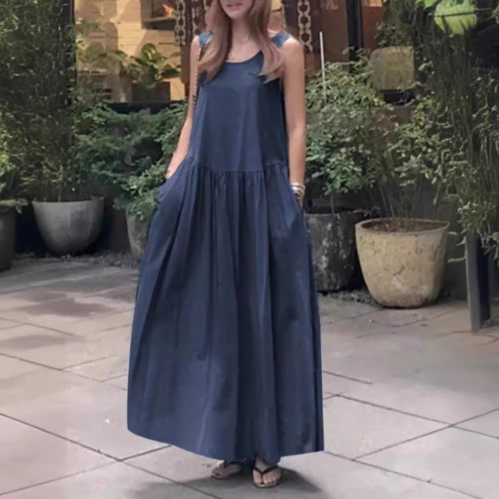 Robe longue ample à col rond et sans manches, grande taille, couleur unie - Topdecheztop.fr