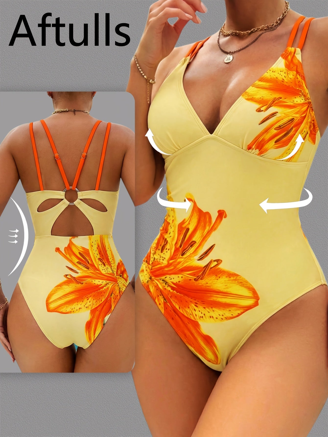 Maillot de bain une pièce femme imprimé floral jaune - Col en V, rembourrage amovible, très extensible