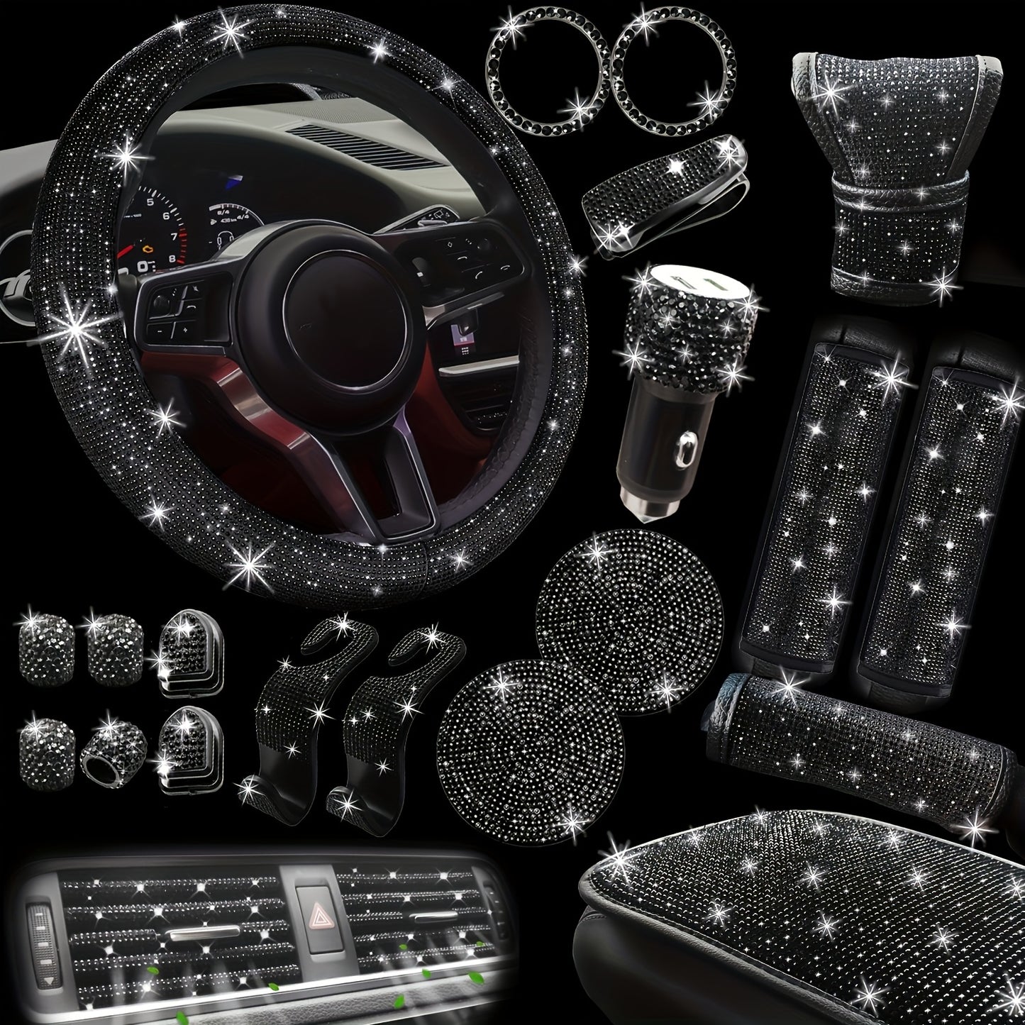Kit 30 Strass Decoration Interieur Voiture - Volant & Grilles d'Aeration