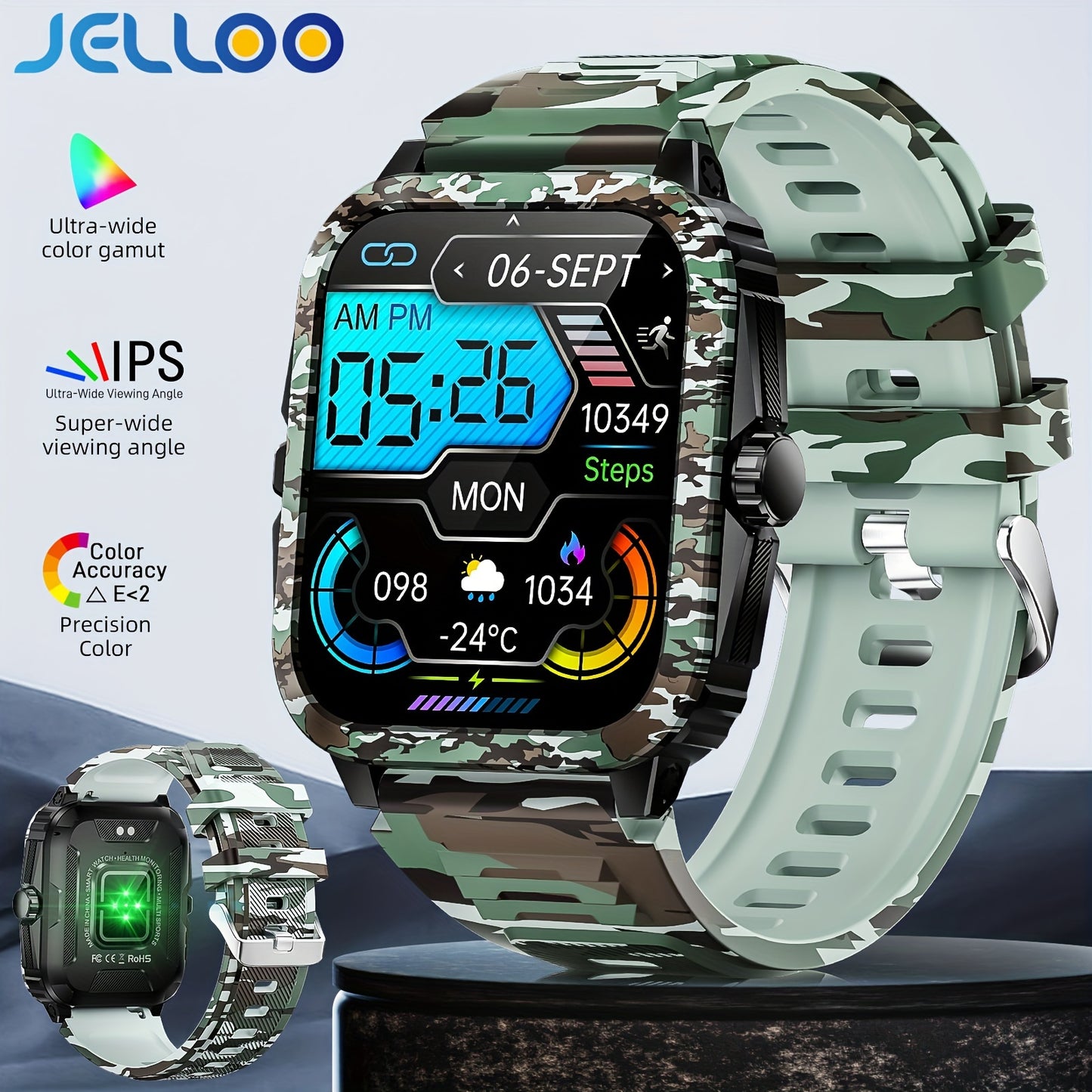 Montre connectée style camouflage JELLOO avec enregistrement d'exercice - Topdecheztop.fr