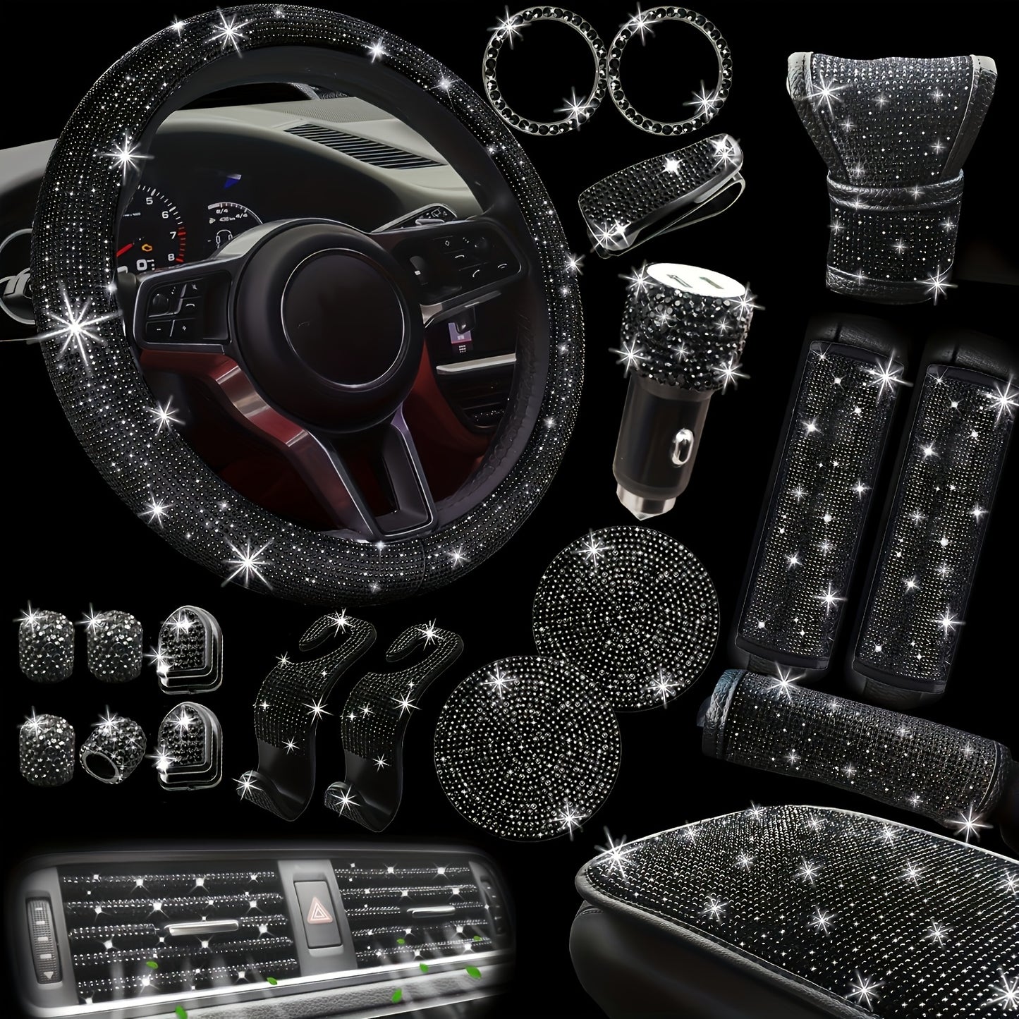 Kit 30 Strass Decoration Interieur Voiture - Volant & Grilles d'Aeration