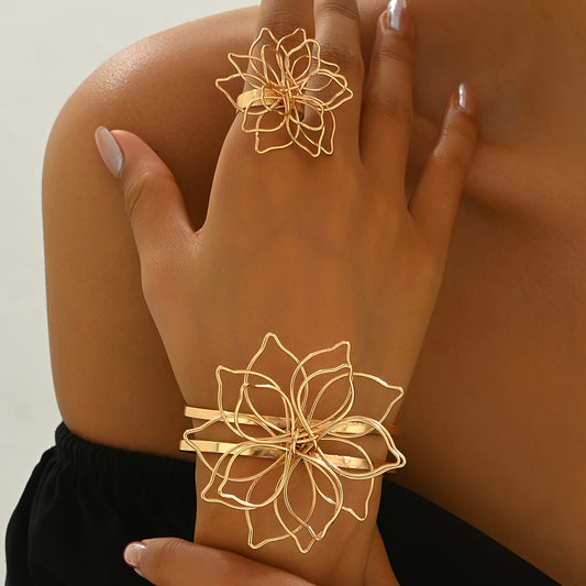 Ensemble 2 Bijoux Fleur Vintage Ajoures Femme - Dore ou Argente, Style Elegant, Toutes Occasions