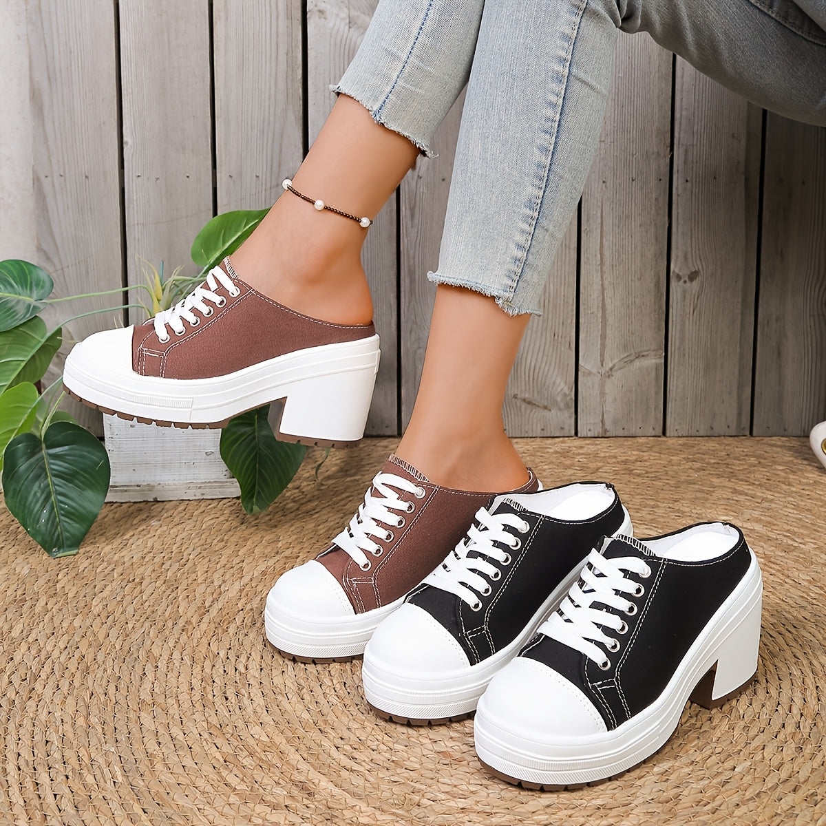 Mules Femme Talon Compense Lacets Tissu Semelle PU - Bout Rond Decontracte Noir Marron EU 36-42