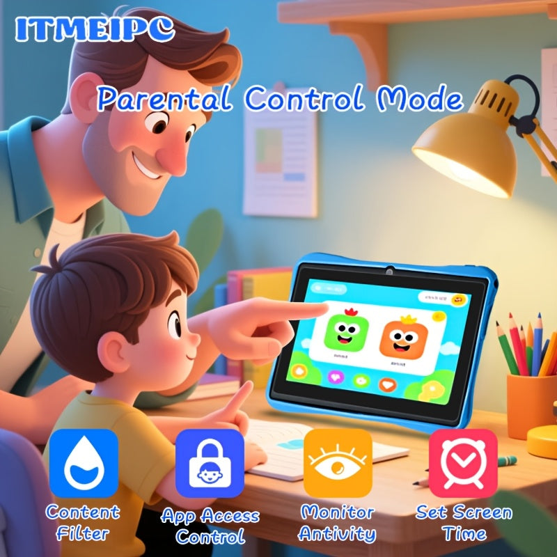 Tablette Enfant 7 Pouces Android 14 - 4 Go RAM 32 Go Ecran IPS HD Wi-Fi Quadricœur Controle Parental Etui Antichoc Bleu