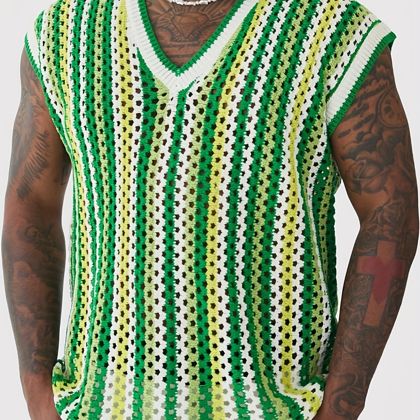 Gilet Ajoure Crochet Col V Sans Manches - Style Vacances Rayures FR S a XXL