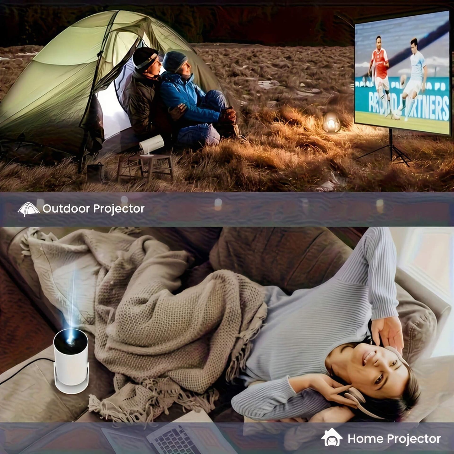 Mini projecteur Full HD 1080p affichant un film en extérieur, avec des personnes assises sous une tente et un écran.