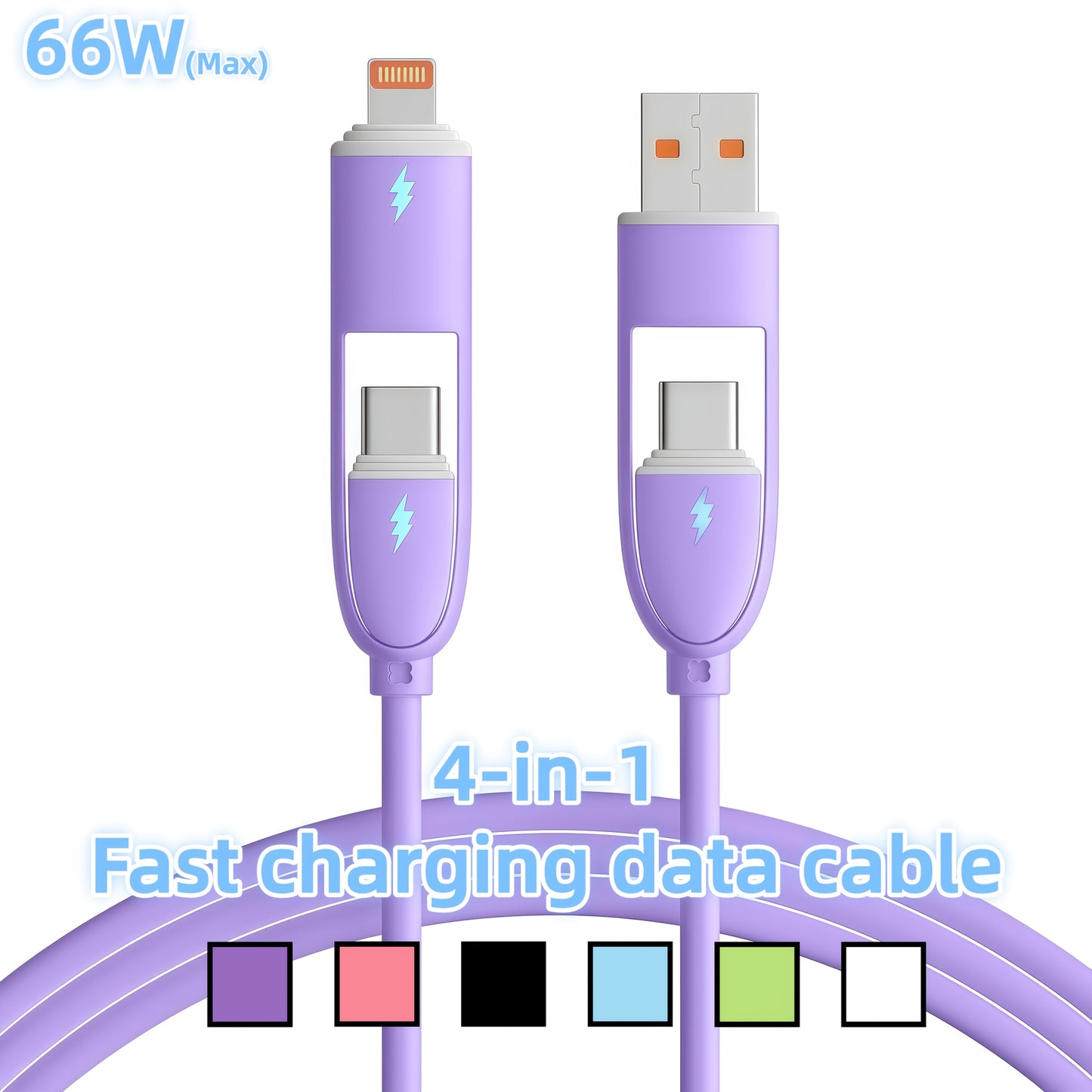 Câble de Charge Ultra-Rapide 4 en 1 – 66W, Type-C vers Lightning, Silicone | ZQJIL