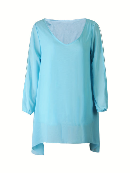 Robe Mousseline Femme — Col en V Profond, Split, Fluide, Bleu, Tailles S-XL
