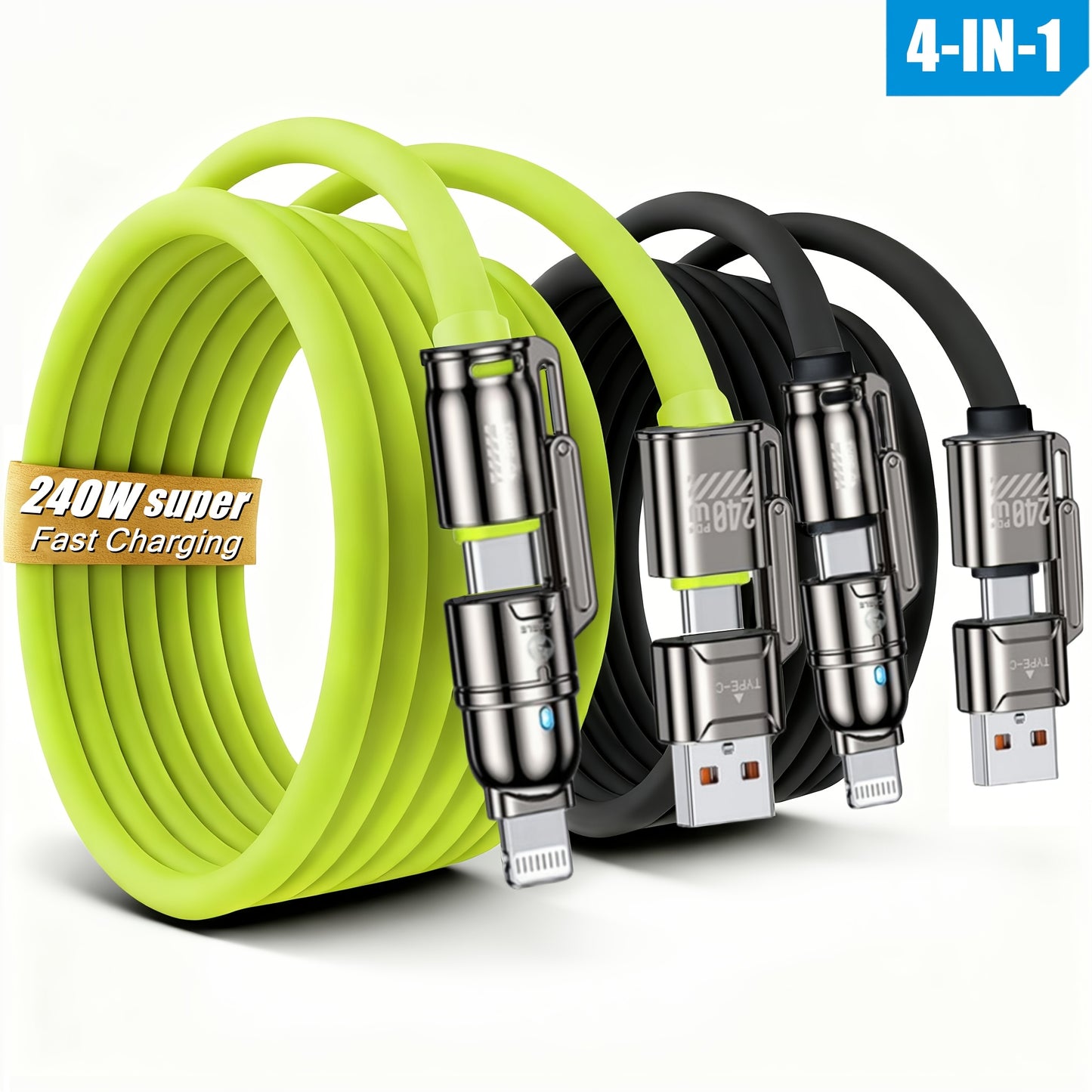 Câble de Charge Rapide 4 en 1 – 240W, USB-C / Lightning / USB-A | 1m & 2m | Hihowin
