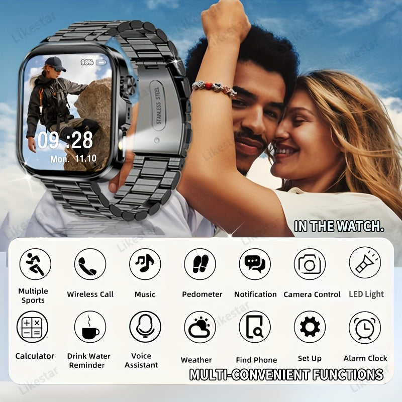 Montre Connectee Tactile Bracelet Acier Inoxydable Ecran HD 2.01 Pouces Recharge Magnetique - Appels Notifications Lampe Torche LED Style Business Decontracte