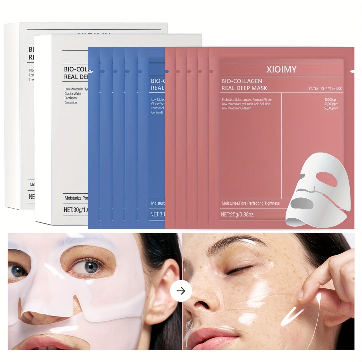 Masques Eclat Hydratant Bio Collagene Tissu - Soin Visage Lot 10 Pcs Peau Douce et Lumineuse