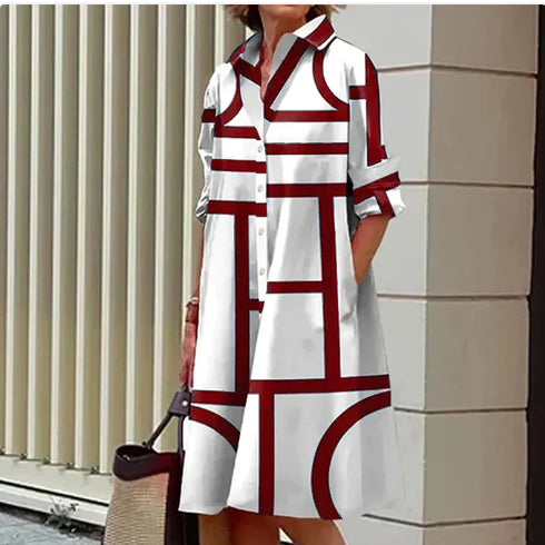 Robe Chemise Imprimé 3D Femme – Manches Courtes, Coupe Trapèze, Grande Taille