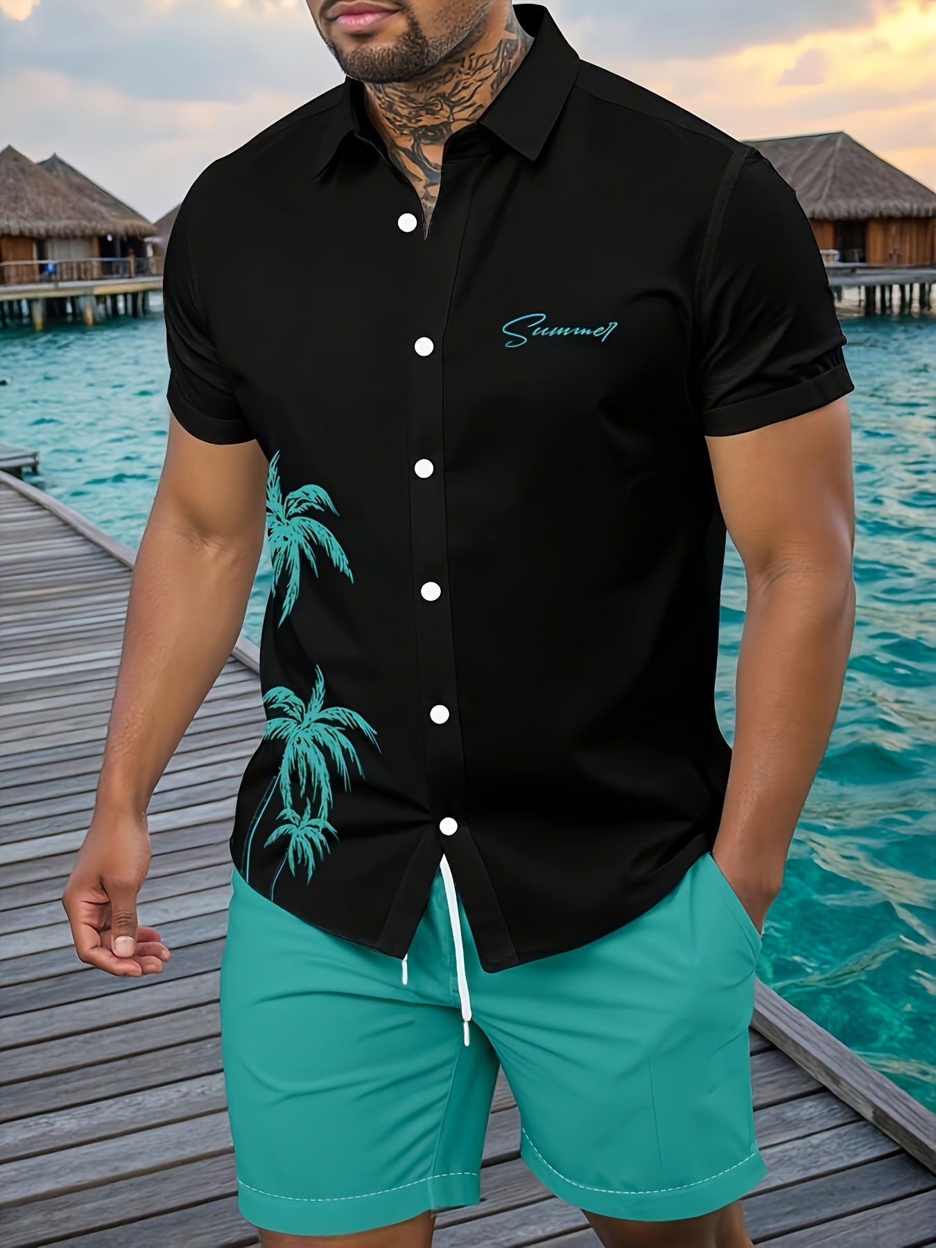 Ensemble Chemise Manches Courtes et Short Imprime Homme - Tenue Ete Decontractee