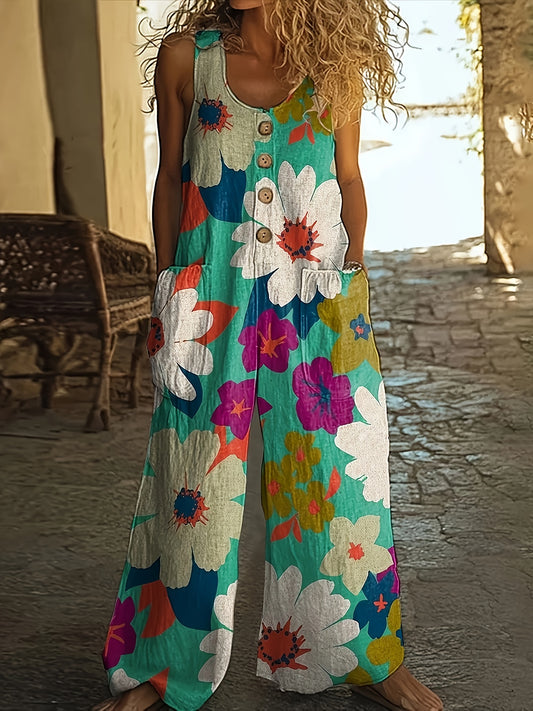 Combinaison Imprimée Florale à Poches – Bretelles, Style Vacances Été | Printemps-Été-Automne | S au XXL