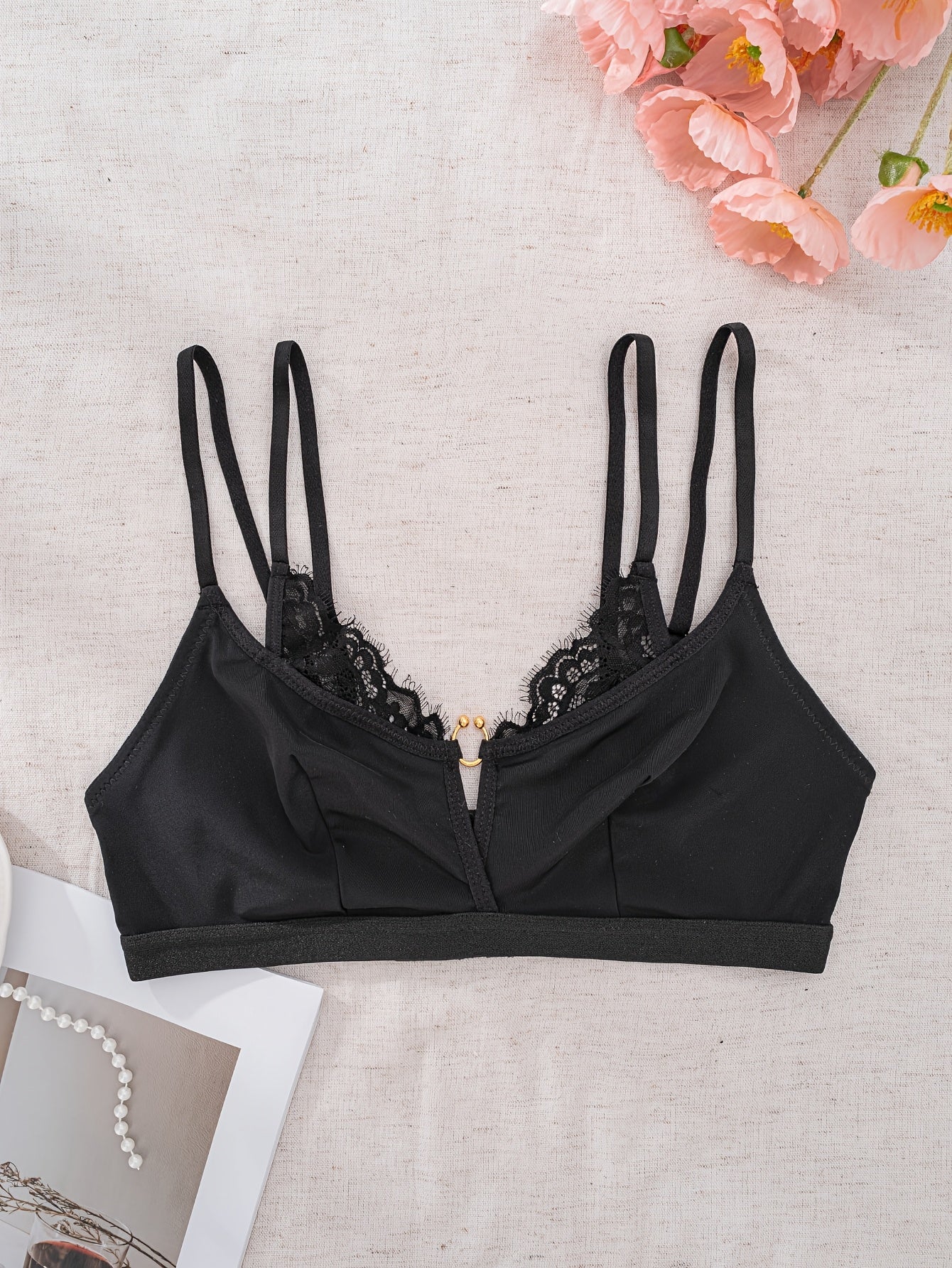 Soutien-Gorge Sans Armatures Femme - Bretelles Fines, Sans Rembourrage, Style Sexy, Noir