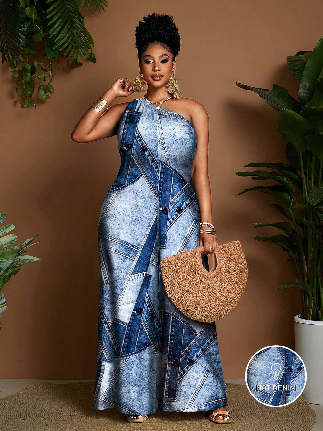 Combinaison femme grande taille imprimee effet denim - Sans manches, epaules denudees, col asymetrique, bleu
