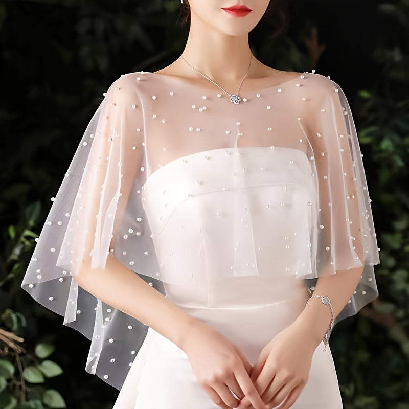 Cape Elegante en Tulle Brode Femme - Blanc, Legere et Fluide, Soiree, Mariage, Occasions Festives