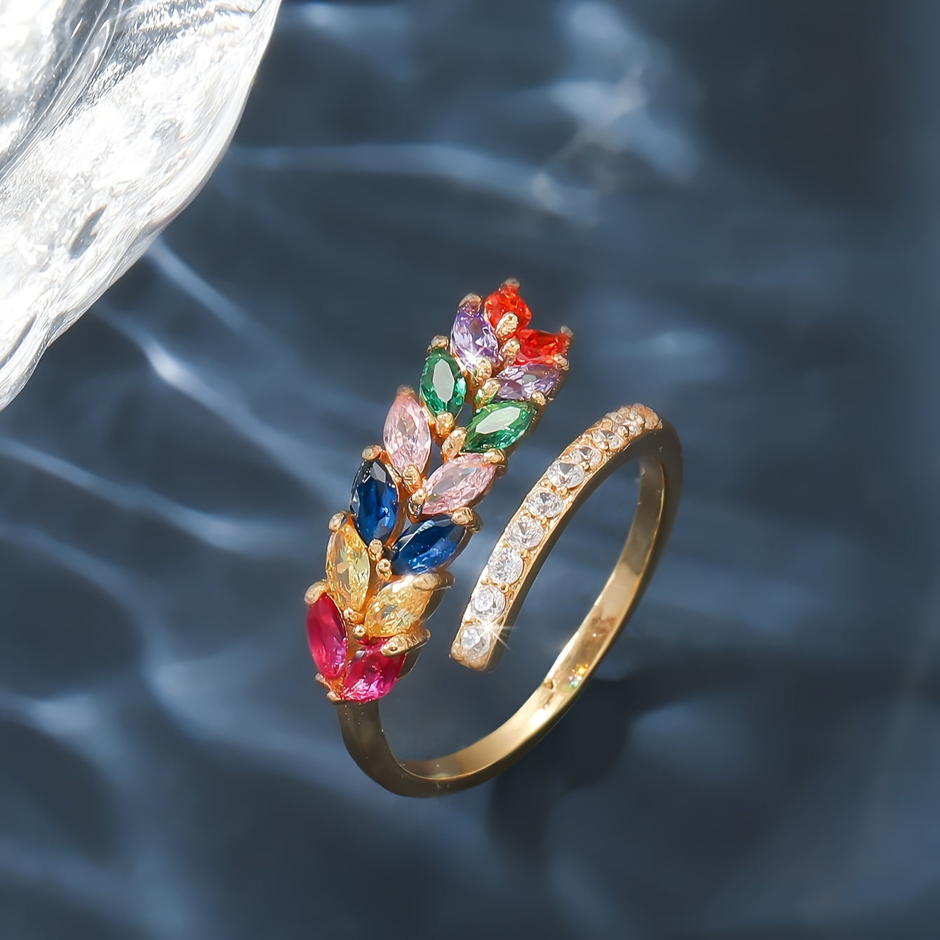 Bague ouverte femme cuivre plaque or 18 carats - Zircone cubique coloree, style elegant, 7 modeles