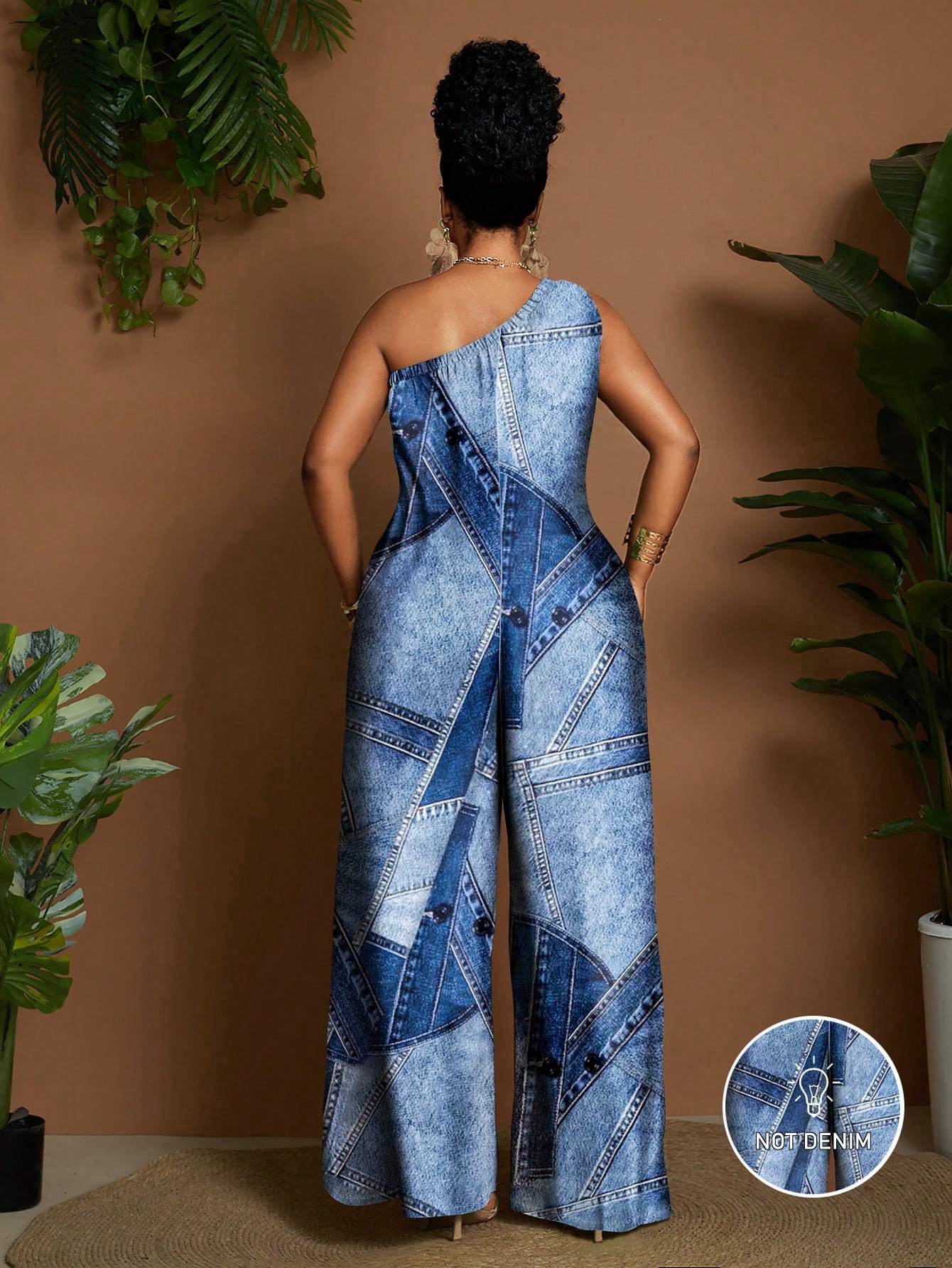 Combinaison femme grande taille imprimee effet denim - Sans manches, epaules denudees, col asymetrique, bleu