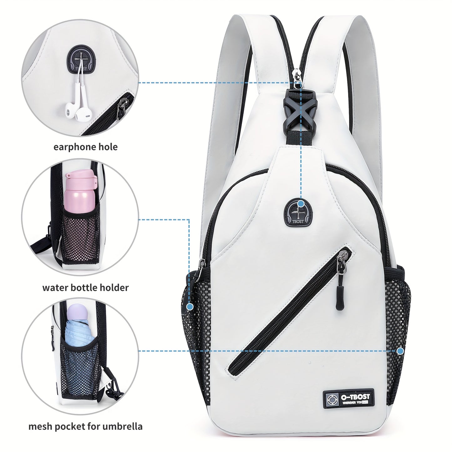 Sac a Dos Sport avec Pochette Telephone - Tissu Oxford Fermeture Eclair Blanc Noir