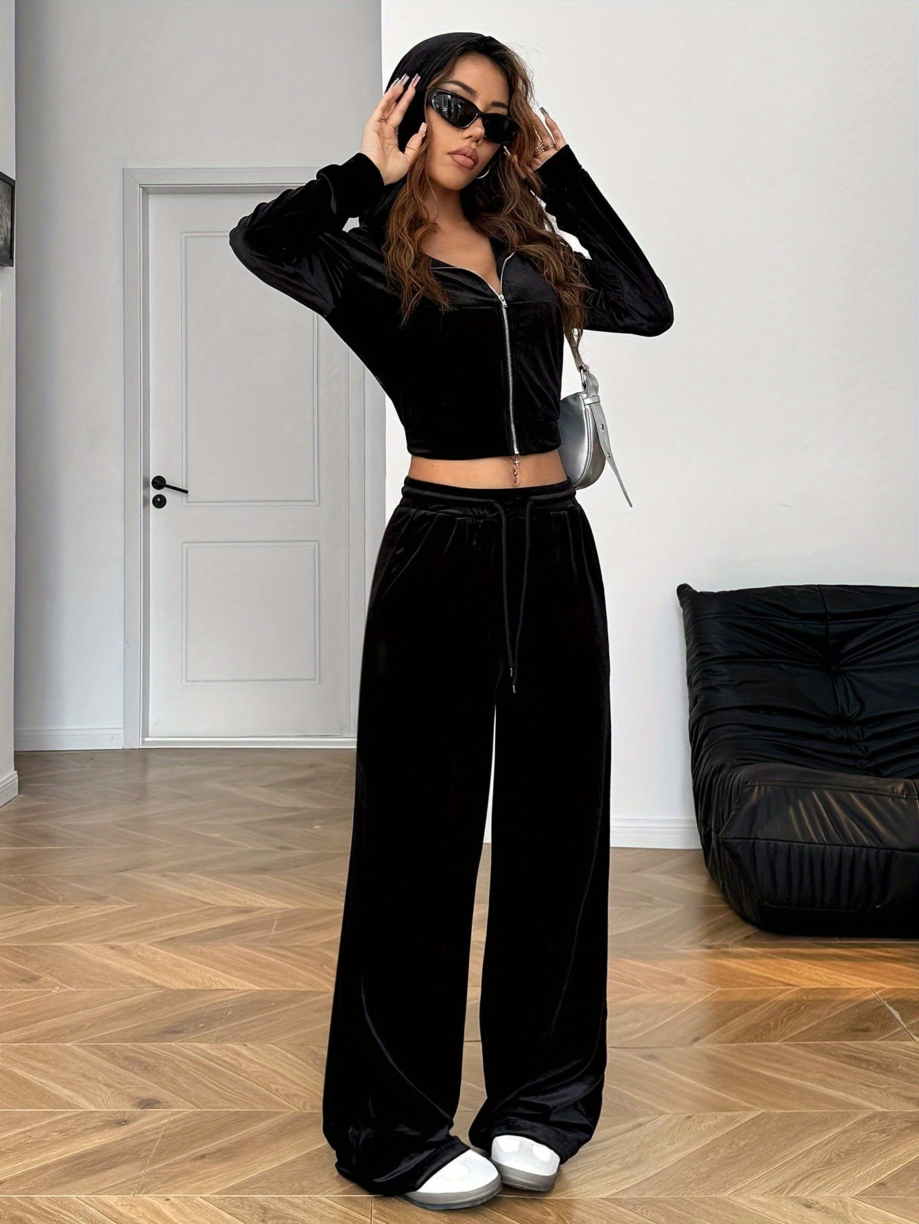 Ensemble Jogging Femme Strass - Hoodie Zippe et Pantalon Poches Noir