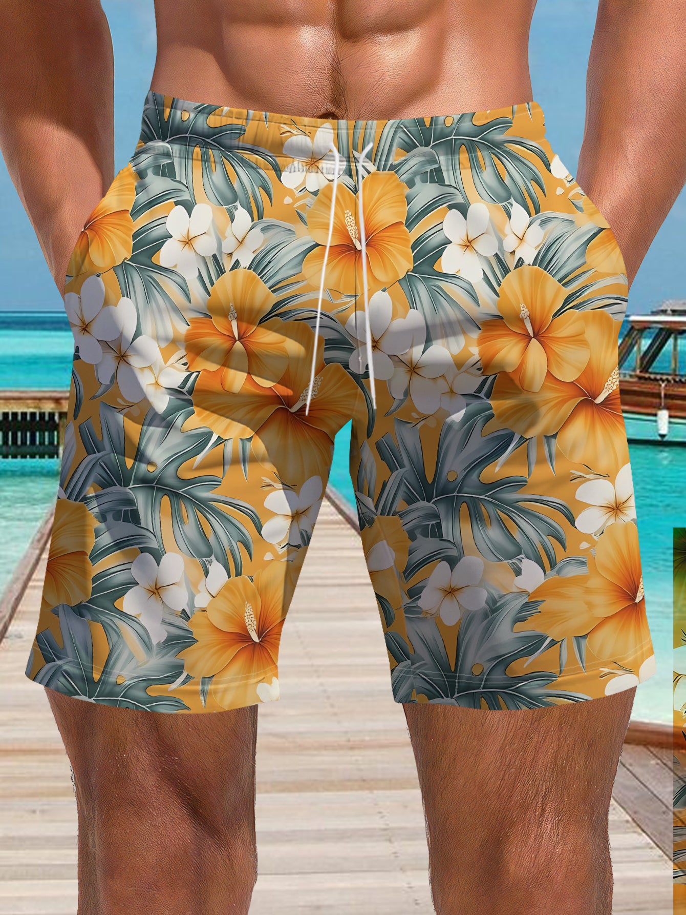 Short de bain homme séchage rapide imprimé palmier tropical - Plage été