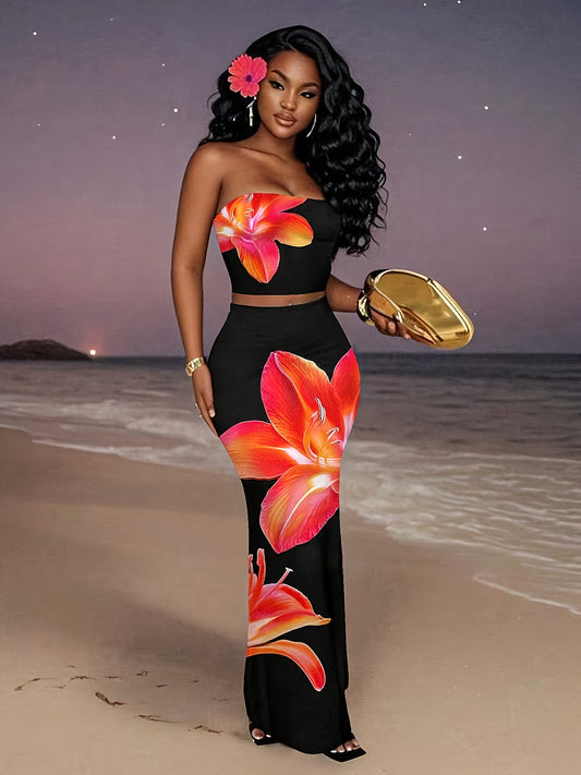 Ensemble 2 Pieces Femme Noir Sans Bretelles - Imprime Floral, Tissu Stretch, Style Elegant, XS au XL