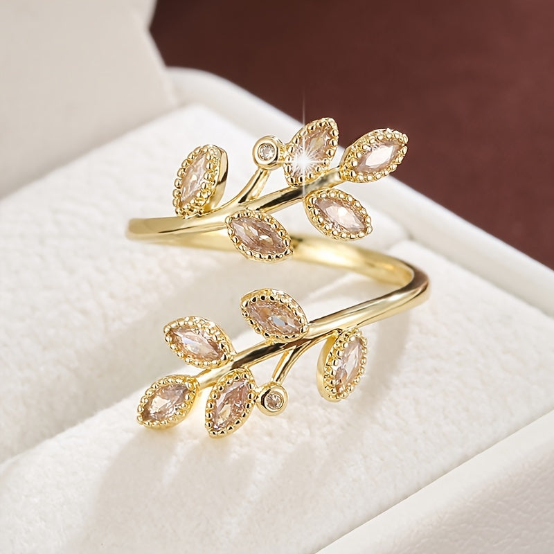 Bague ouverte ajustable femme cuivre plaque blanc K - Zircone cubique feuille branche, style nature, 6 modeles