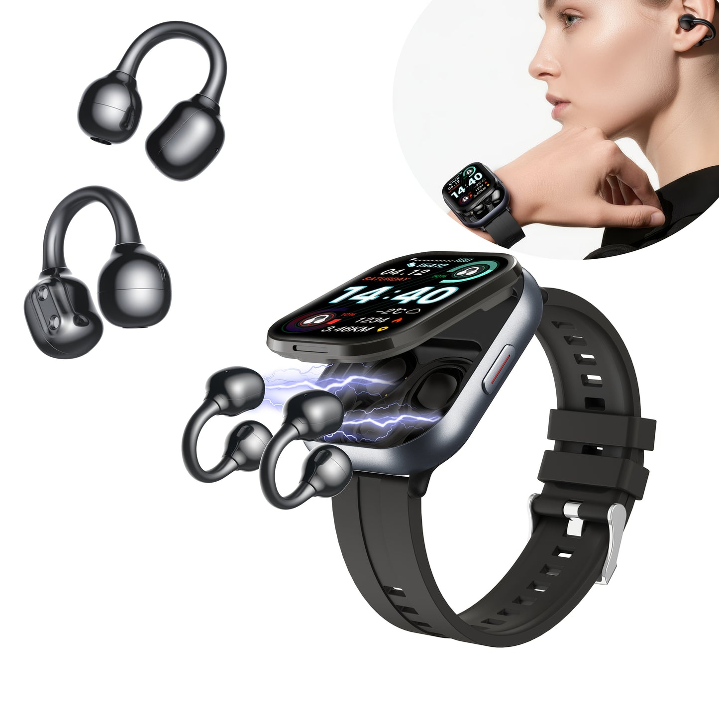 Montre Connectee 2-en-1 avec Ecouteurs Conduction Osseuse - Ecran 2,01 Pouces, Bluetooth 5.3, NFC