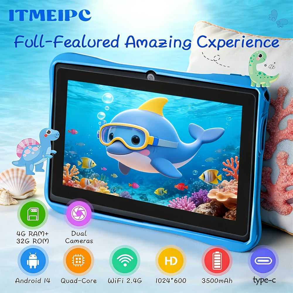 Tablette Enfant 7 Pouces Android 14 - 4 Go RAM 32 Go Ecran IPS HD Wi-Fi Quadricœur Controle Parental Etui Antichoc Bleu