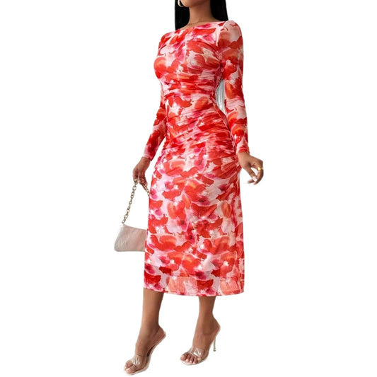 Robe Longue Imprimee Geometrique Maille - Col Rond, Manches Longues, Style Decontracte Chic