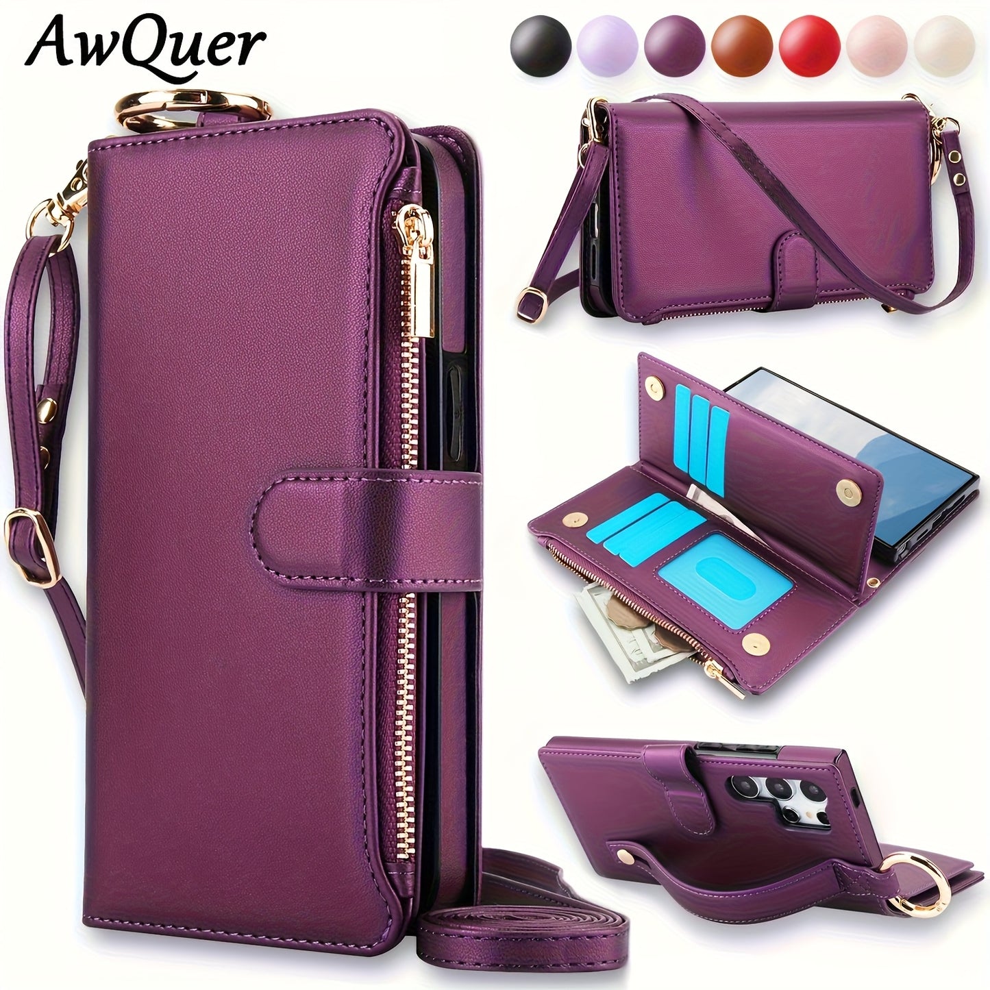 Étui Portefeuille Bandoulière Samsung Galaxy AWQUER – Similicuir, Lanière, 7 Coloris, 26 Modèles