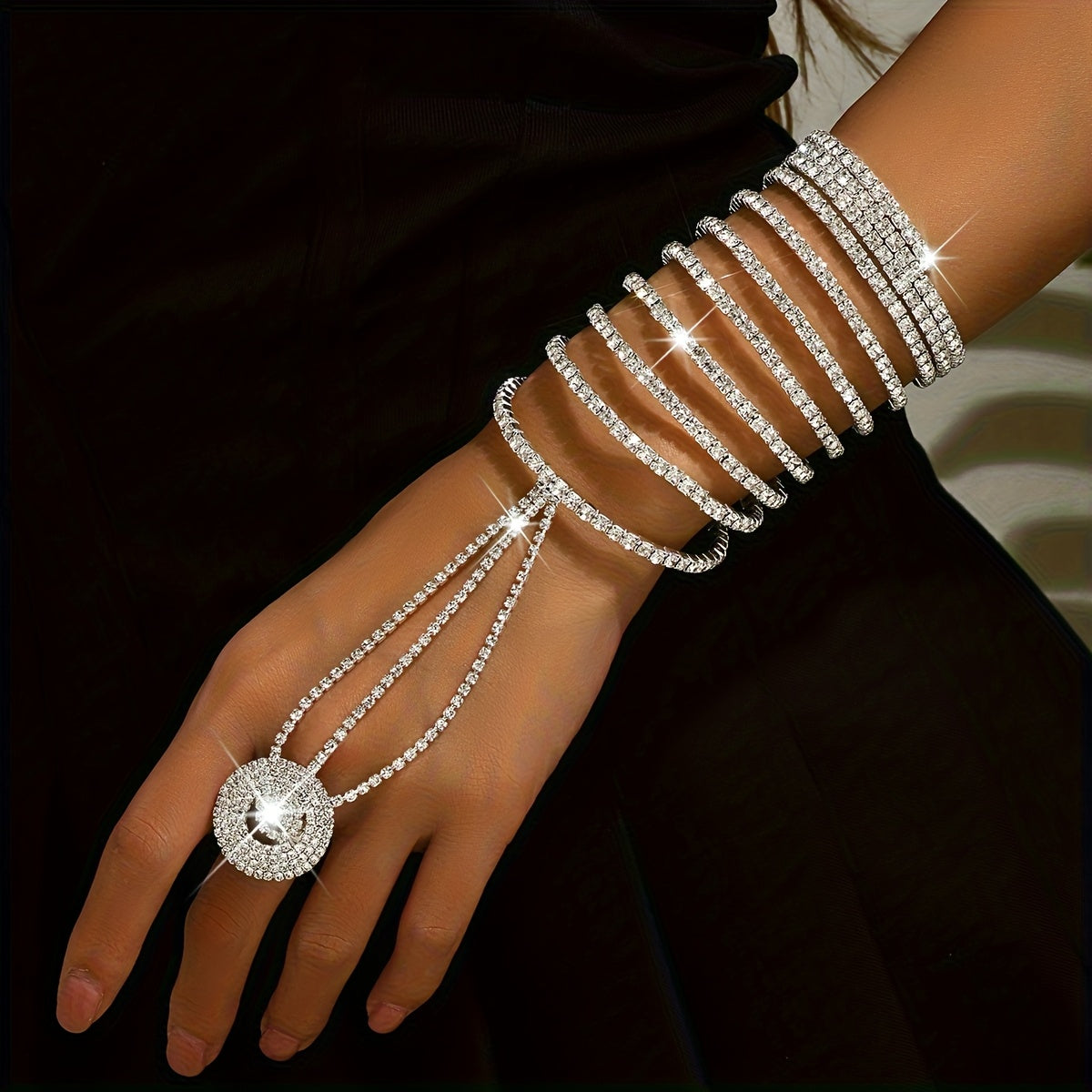 Bracelet Strass Multi-Rangs Femme - Style Luxe Pailletes Dore Argente