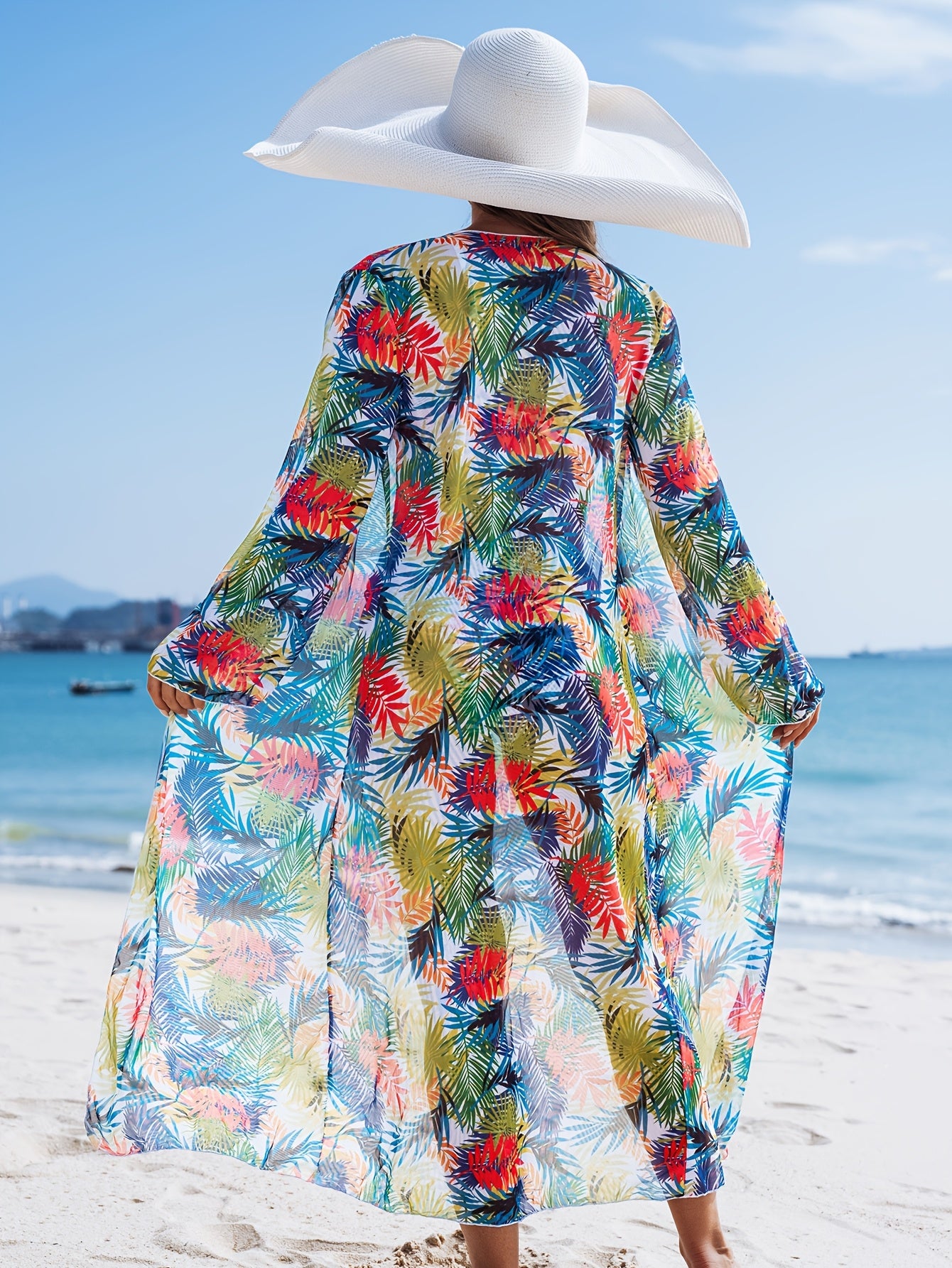 Ensemble Bikini 3 Pieces Femme - Motif Tropical, Col en V, Manches Longues