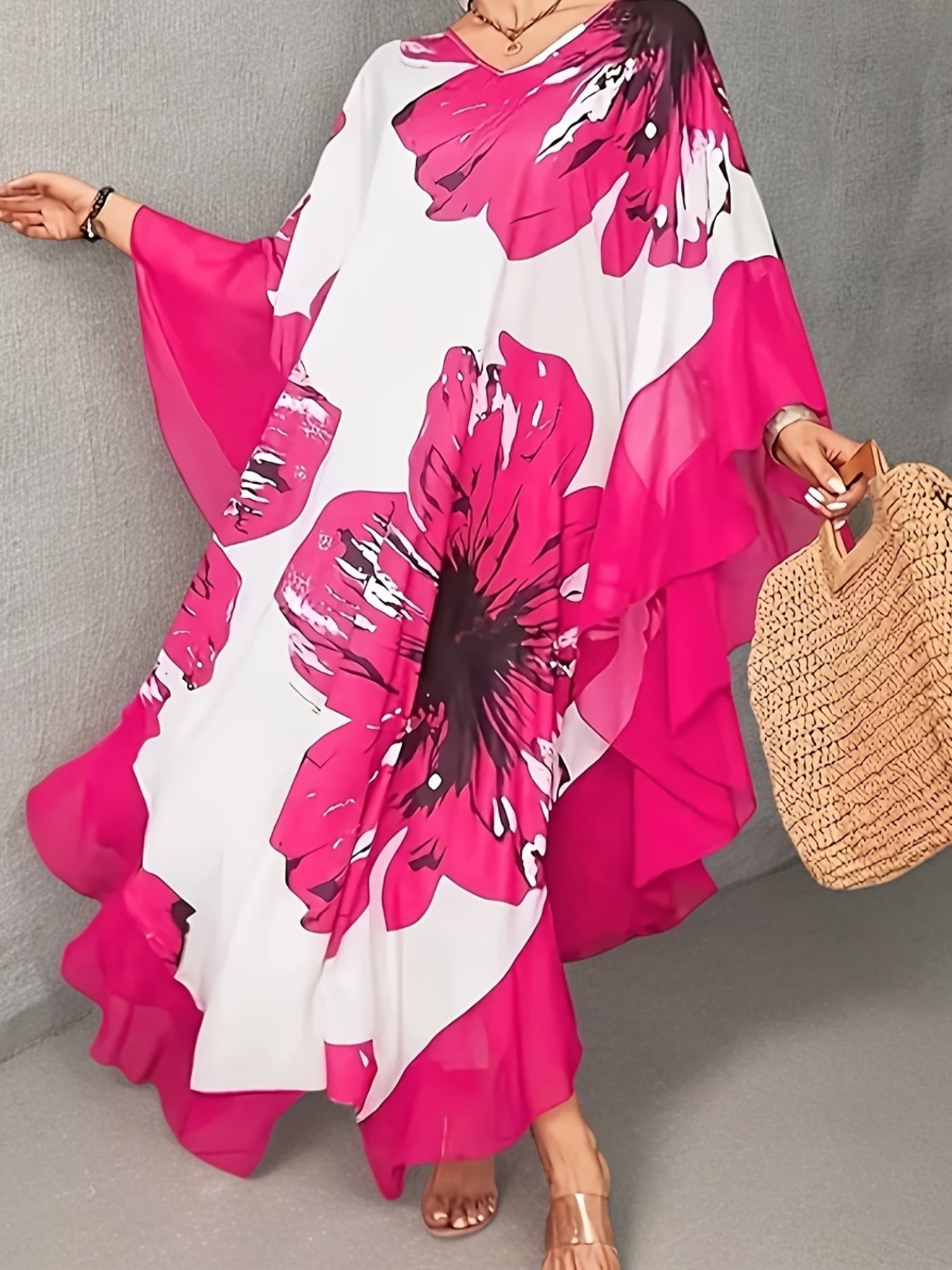 Robe Longue Femme Grande Taille Col en V Volants Motif Floral 100% Polyester - Style Vacances Ete Rose L-5XL
