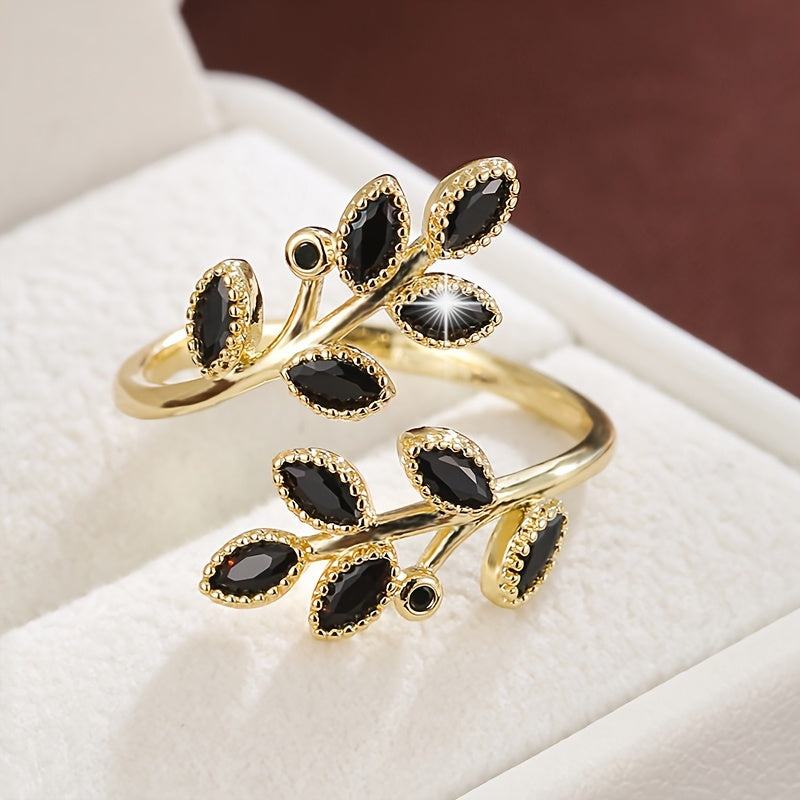Bague ouverte ajustable femme cuivre plaque blanc K - Zircone cubique feuille branche, style nature, 6 modeles