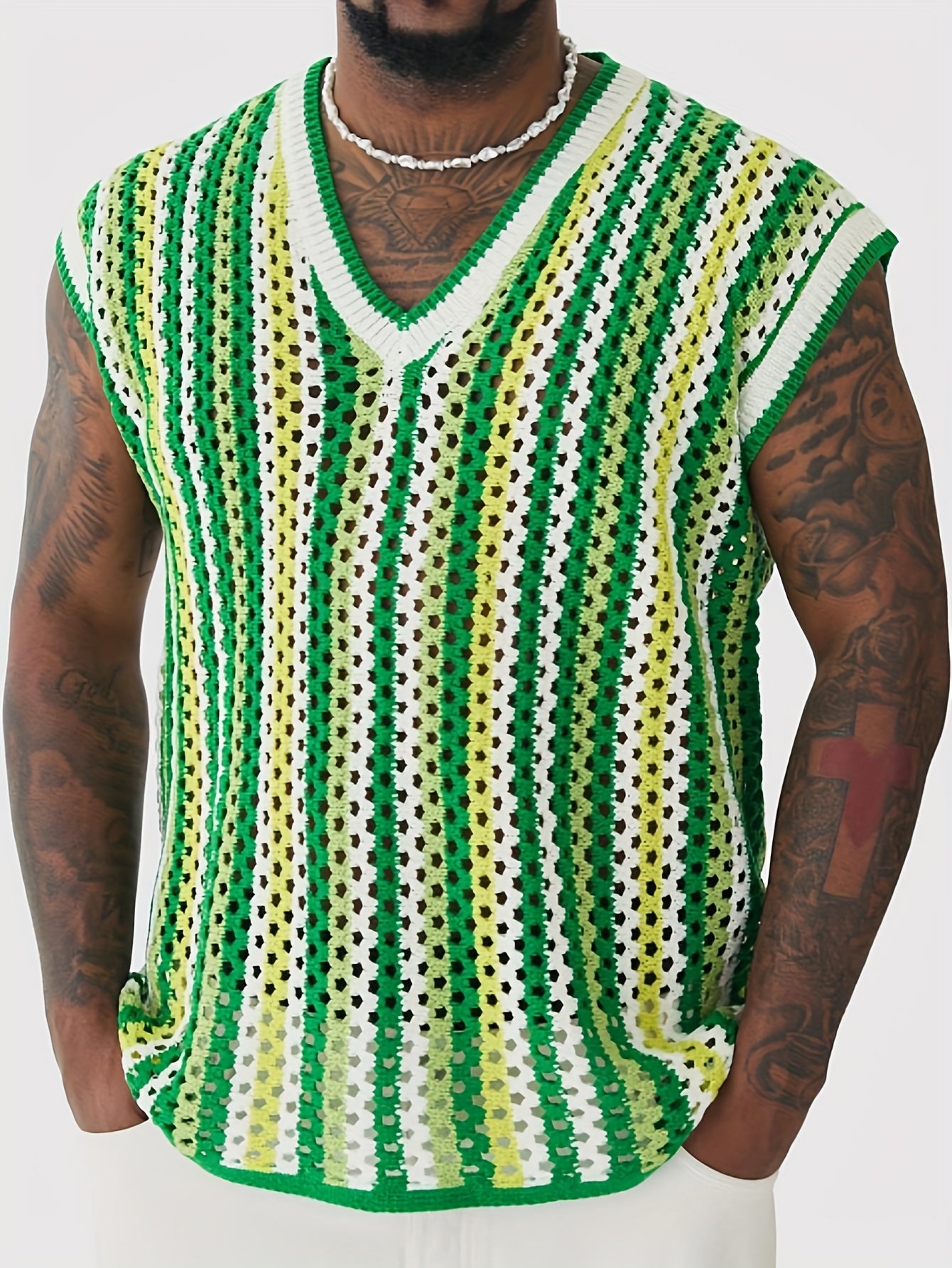 Gilet Ajoure Crochet Col V Sans Manches - Style Vacances Rayures FR S a XXL