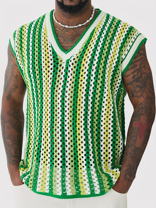 Gilet Ajoure Crochet Col V Sans Manches - Style Vacances Rayures FR S a XXL