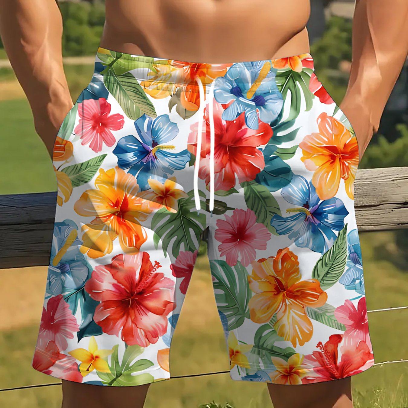 Short Homme Imprimé Floral & Géométrique – Style Vacances Décontracté, Légèrement Extensible | S au XXL
