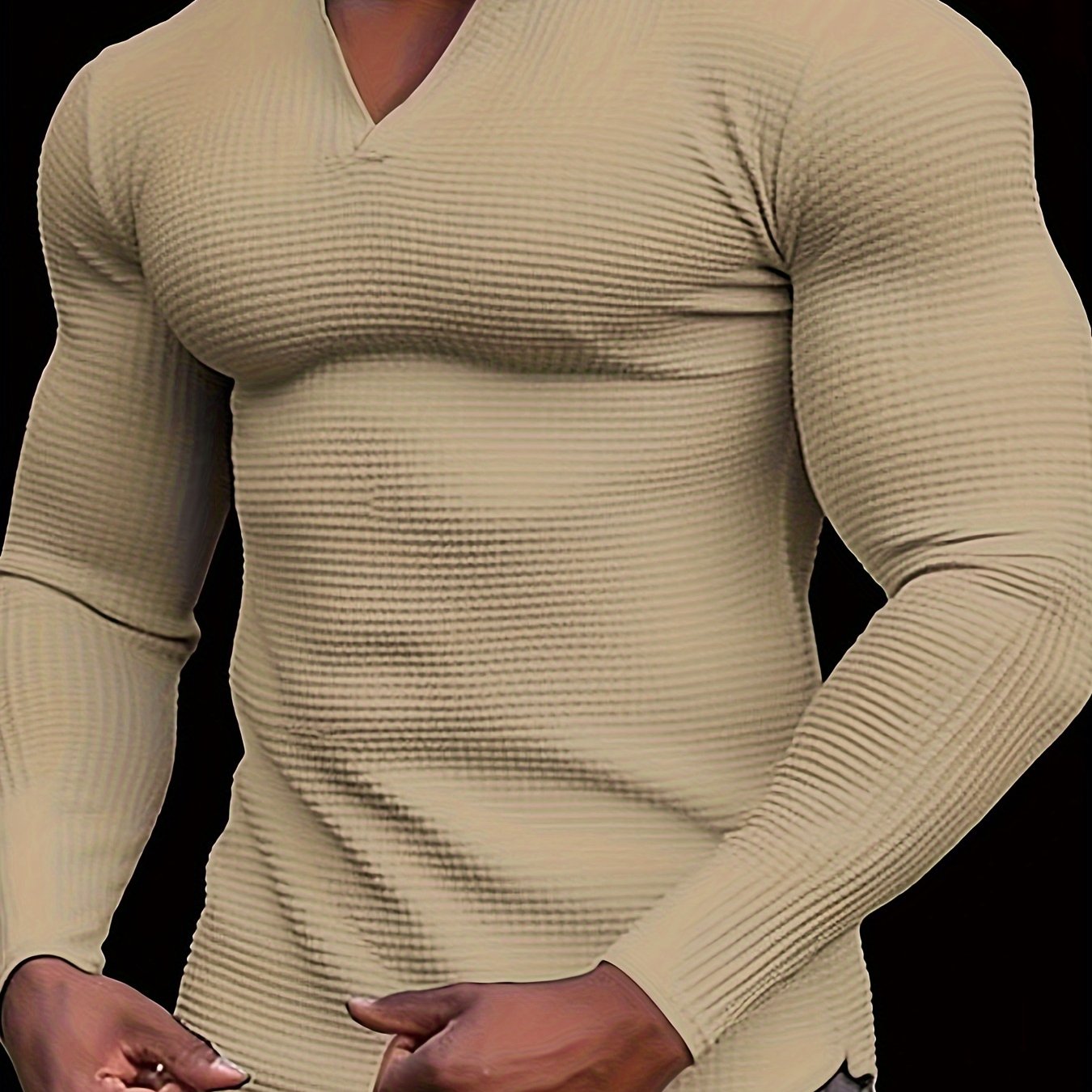 T-Shirt Homme Manches Longues Col en V Gaufre - Slim, 100% Polyester, Blanc Beige Noir, S-XXXL