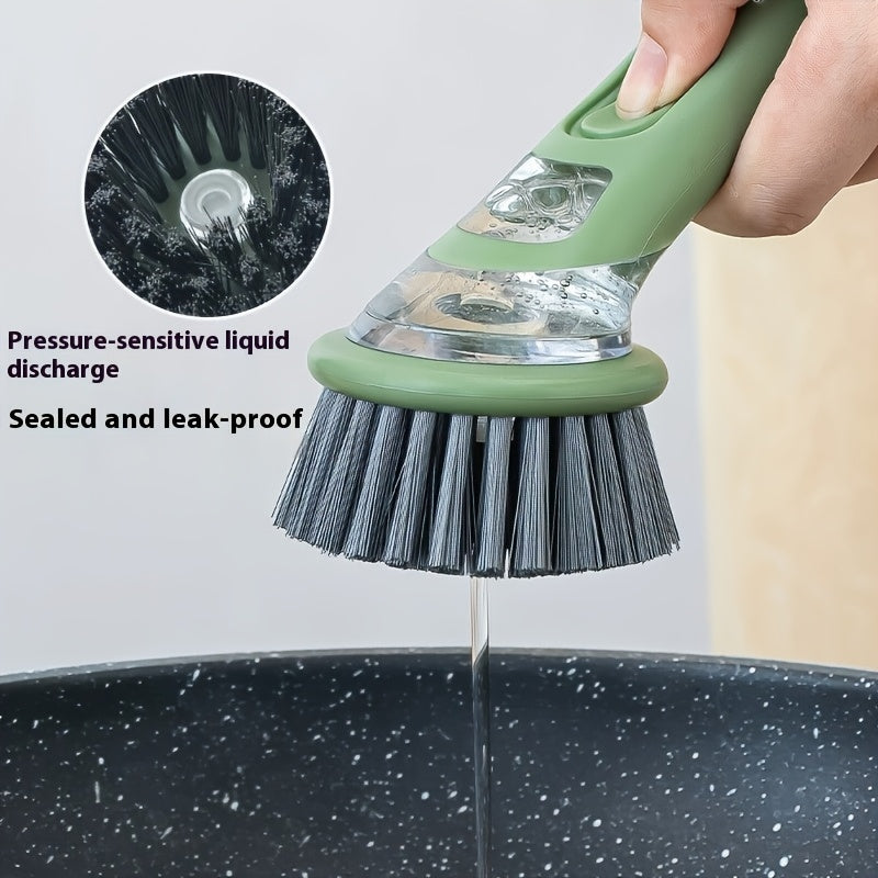 Brosse vaisselle ergonomique distributeur savon integre - Manche allonge, tete interchangeable, plastique, vert