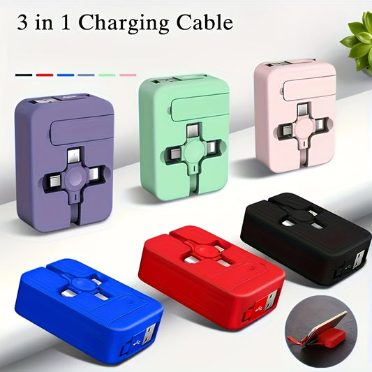 Cable USB 3-en-1 Retractable avec Support Telephone – Charge Rapide 18W, Transfert Donnees, 100cm | 8 Coloris