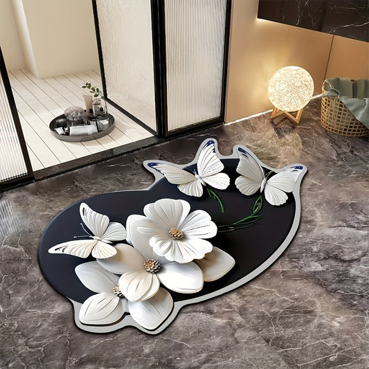 Tapis de Bain Rond Papillon Motif Floral - Antiderapant, Sechage Rapide, 100% Polyester, 40x60 ou 50x80cm