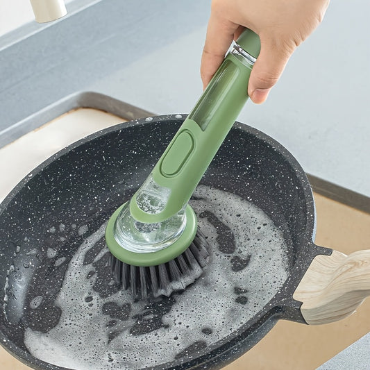 Brosse vaisselle ergonomique distributeur savon integre - Manche allonge, tete interchangeable, plastique, vert