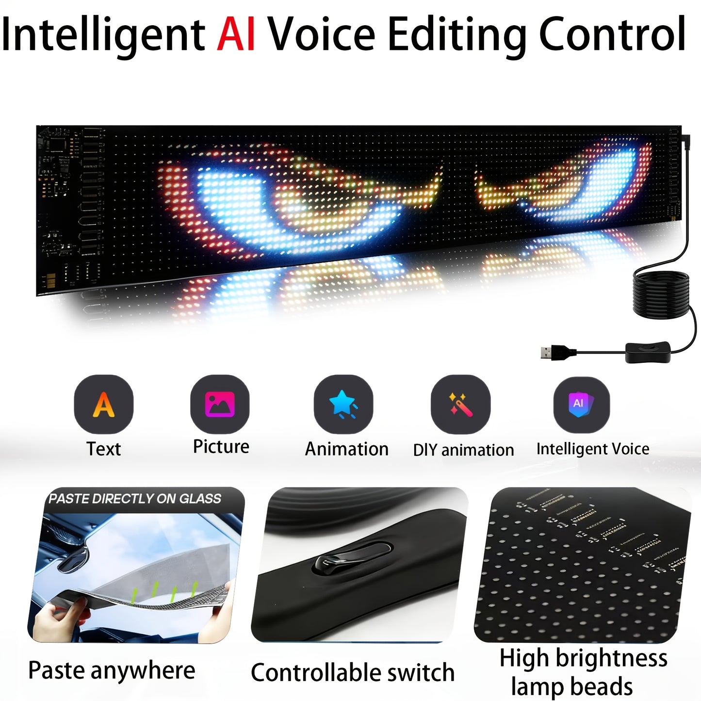 Ecran LED Flexible Controle Vocal Sans Fil Application IA - Lunette Arriere Voiture Vitrine Magasin 3 Tailles