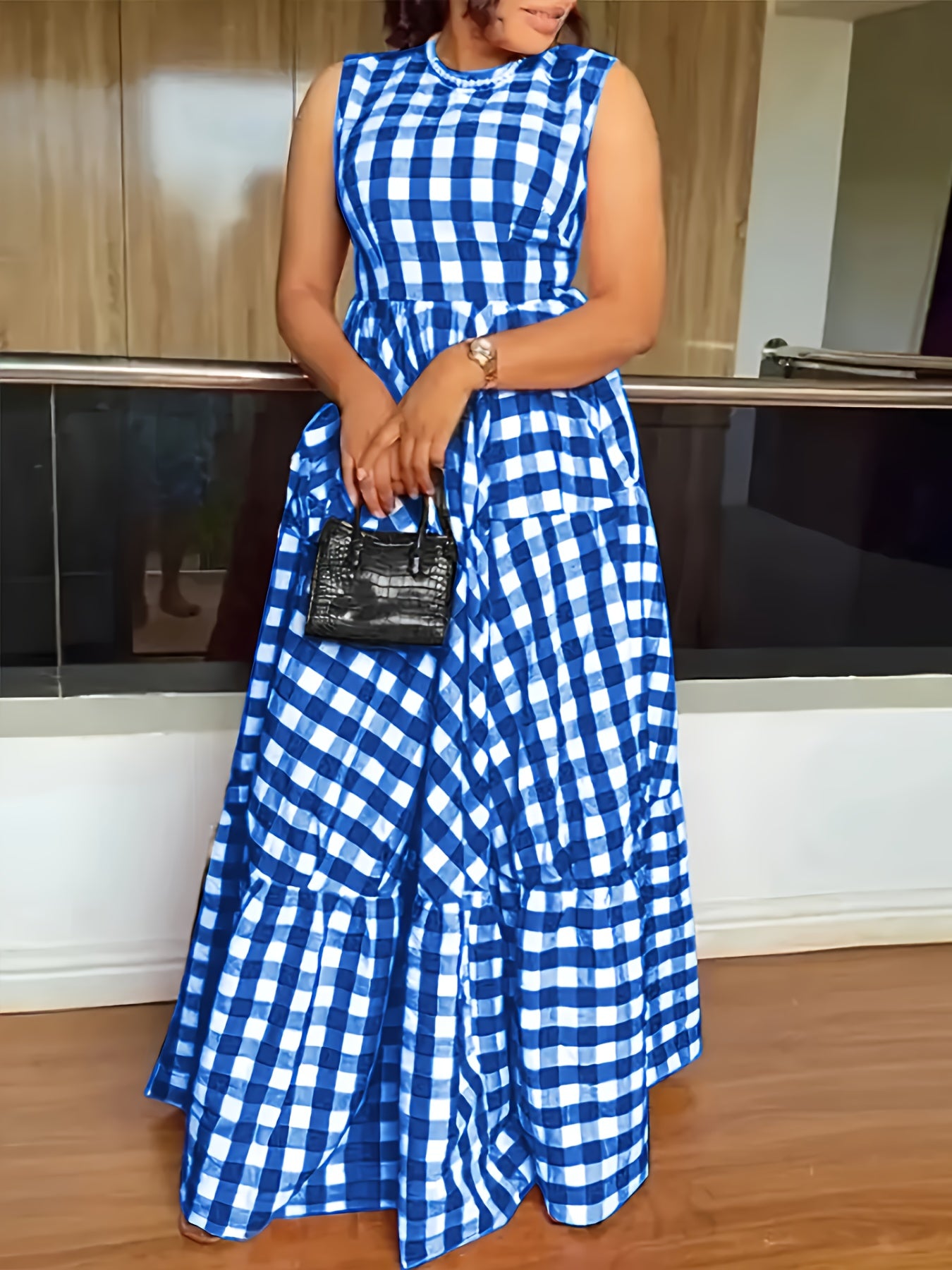 Robe ete femme carreaux sans manches - Col rond, coupe ajustee evasee, jupe multicouche, boutons, bleu ou noir, S a XXL